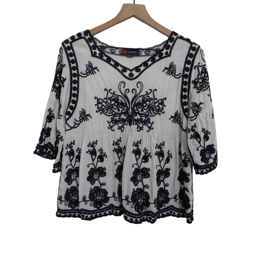 Indigo Poppy Women Sz L Navy White Embroidered Top Boho Peasant Statement